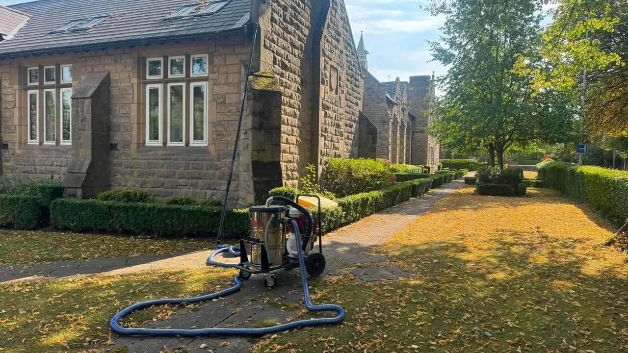 The SkyVac Interceptor set up in the grounds of an old stone school building, now apartments